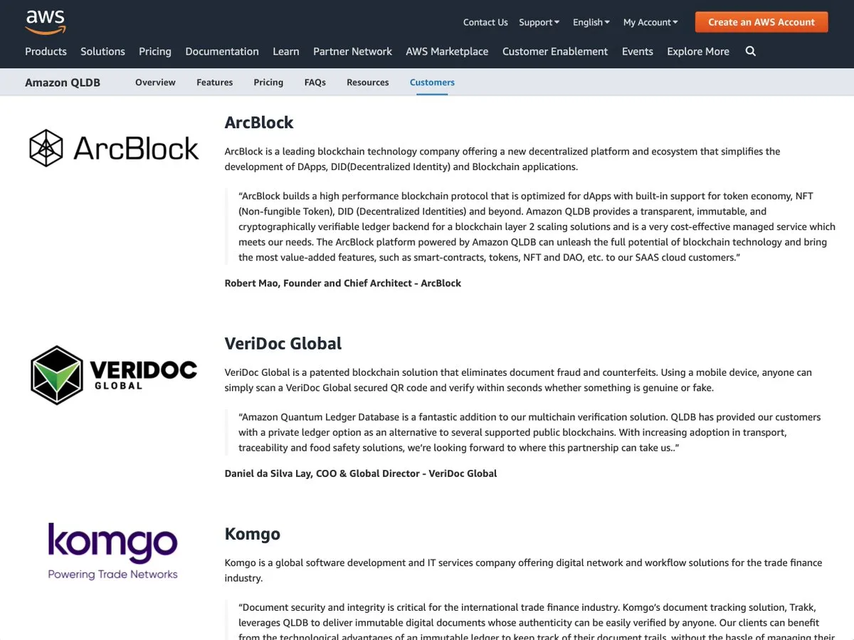 QLDB ArcBlock webpage screenshot