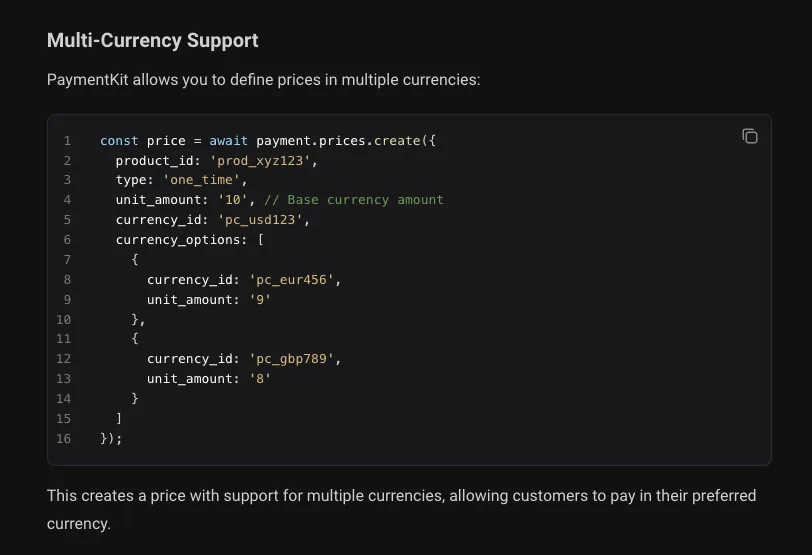 Screenshot: feat(editor): improve code block styling/highlighting & add copy button