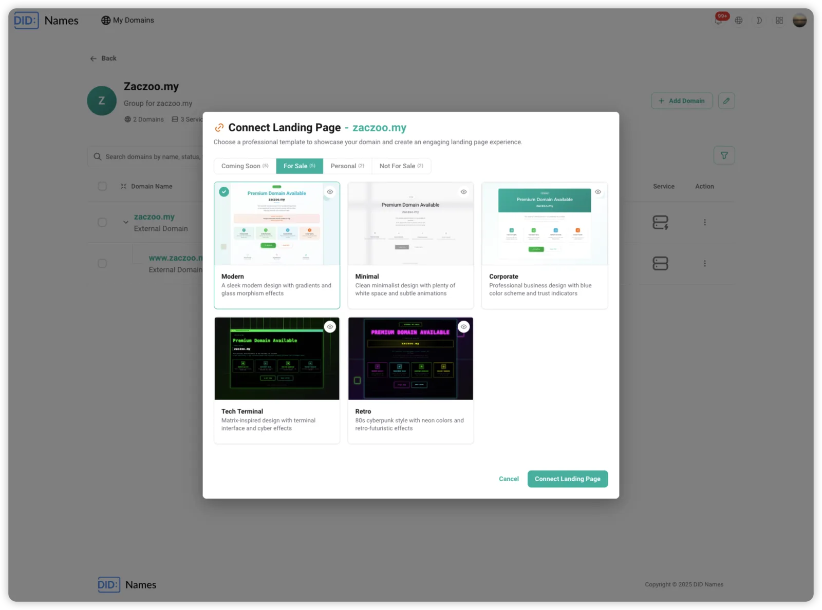 Screenshot: feat(did-domain): implement comprehensive landing page template system with enhanced domain management