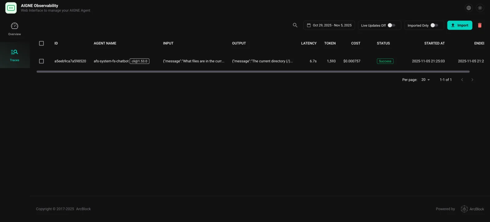 AIGNE 可觀察性 UI 中最近的 Agent 追蹤列表
