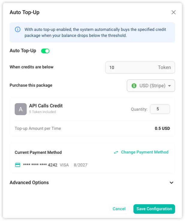 Screenshot: feat(core): support auto top-up for credits to avoid service interruption