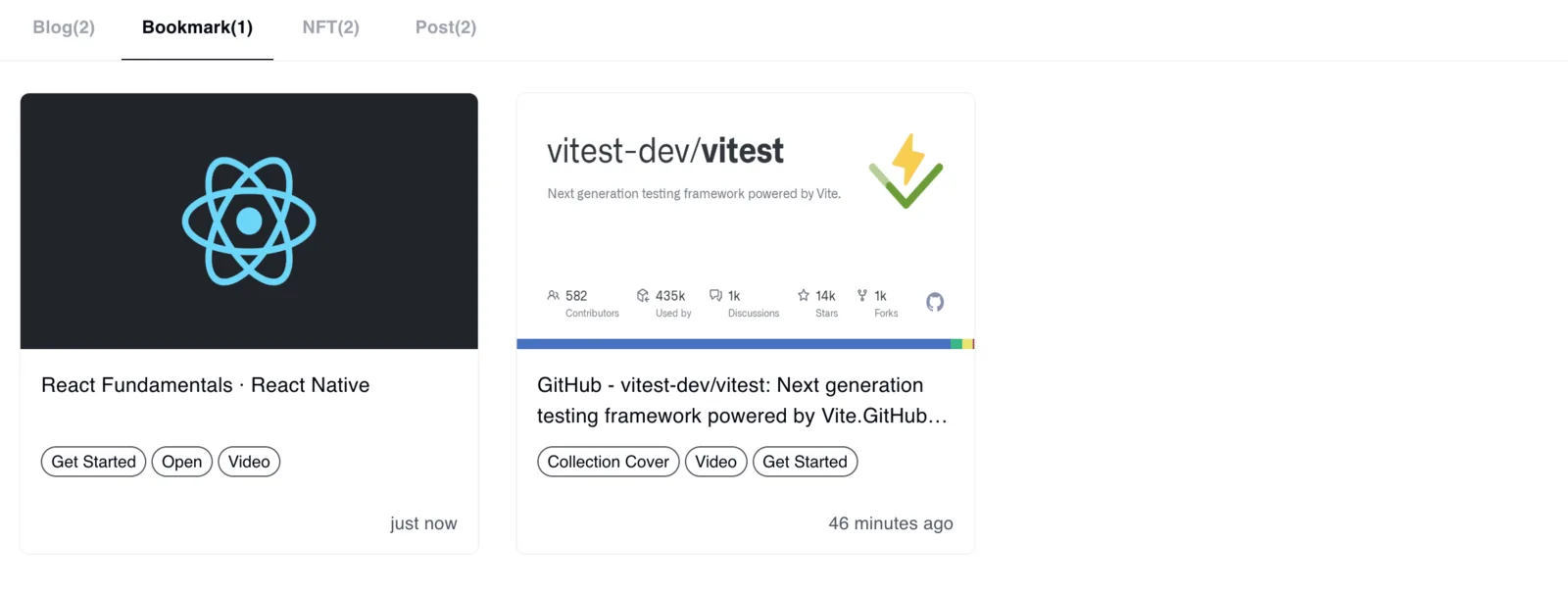 Screenshot: feat: storage, preview of post/blog/bookmark