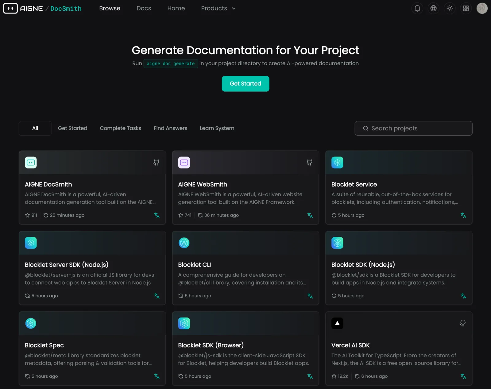AIGNE DocSmith project dashboard showing documentation projects and their status