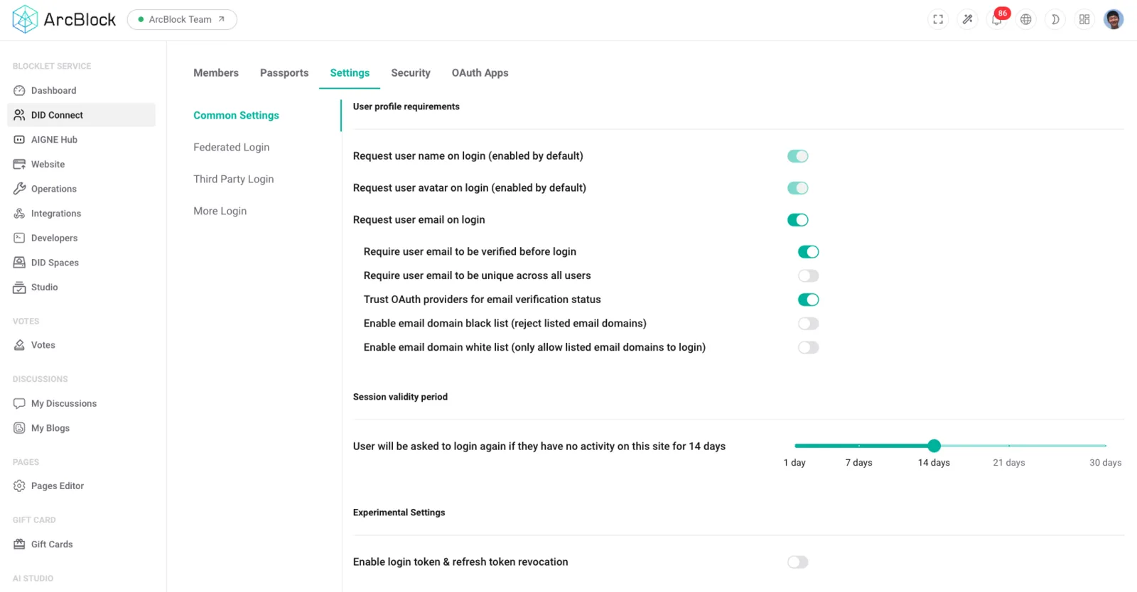 DID Connect Settings page showing session validity and profile requirements