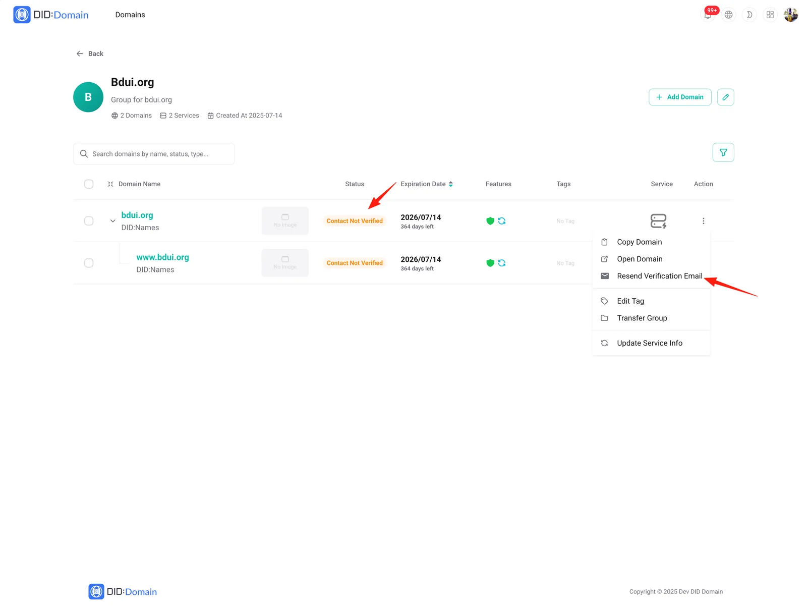 Screenshot: feat(did-domain): add domain contact verification status and resend contact verfification email