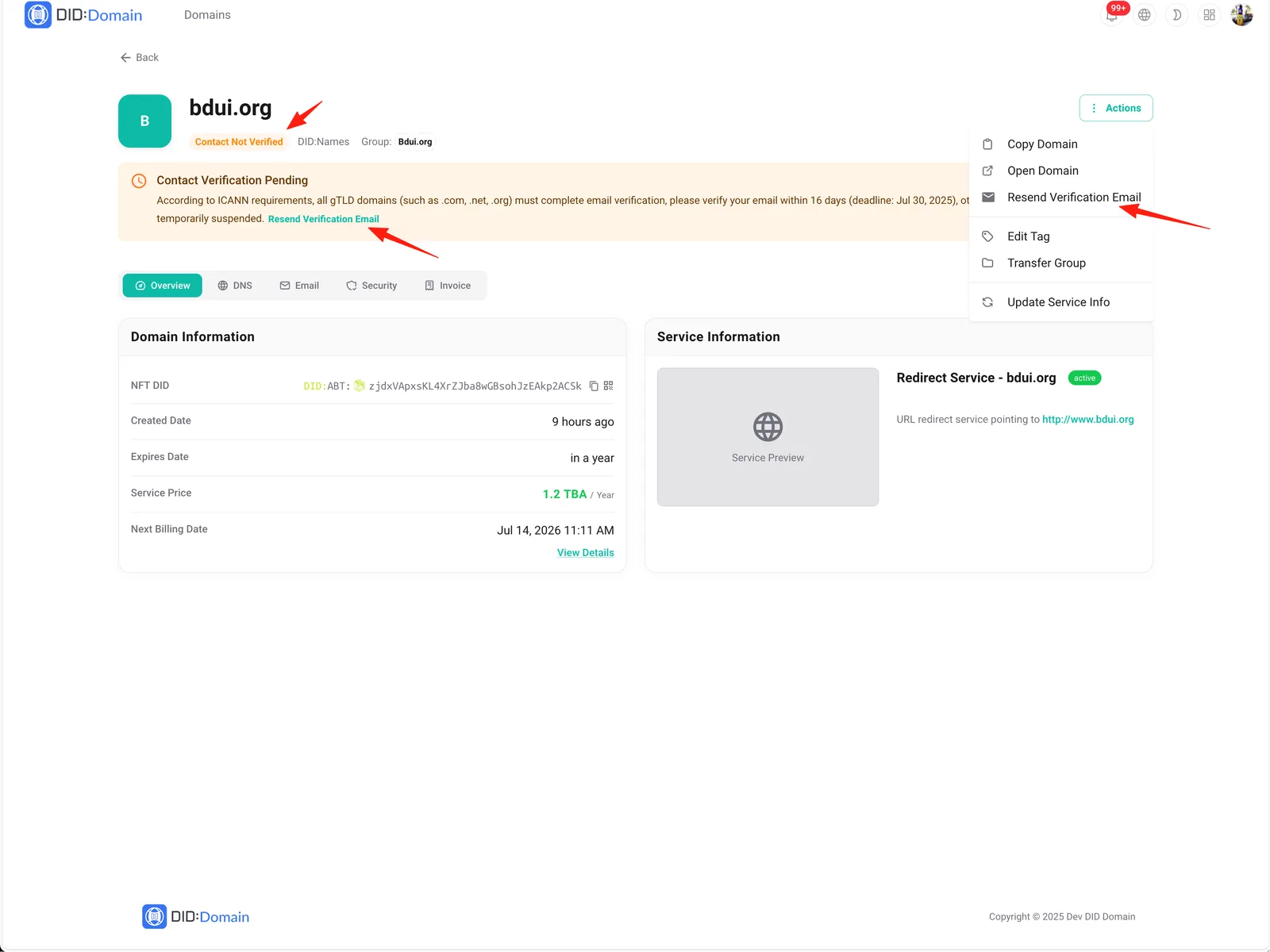 Screenshot: feat(did-domain): add domain contact verification status and resend contact verfification email