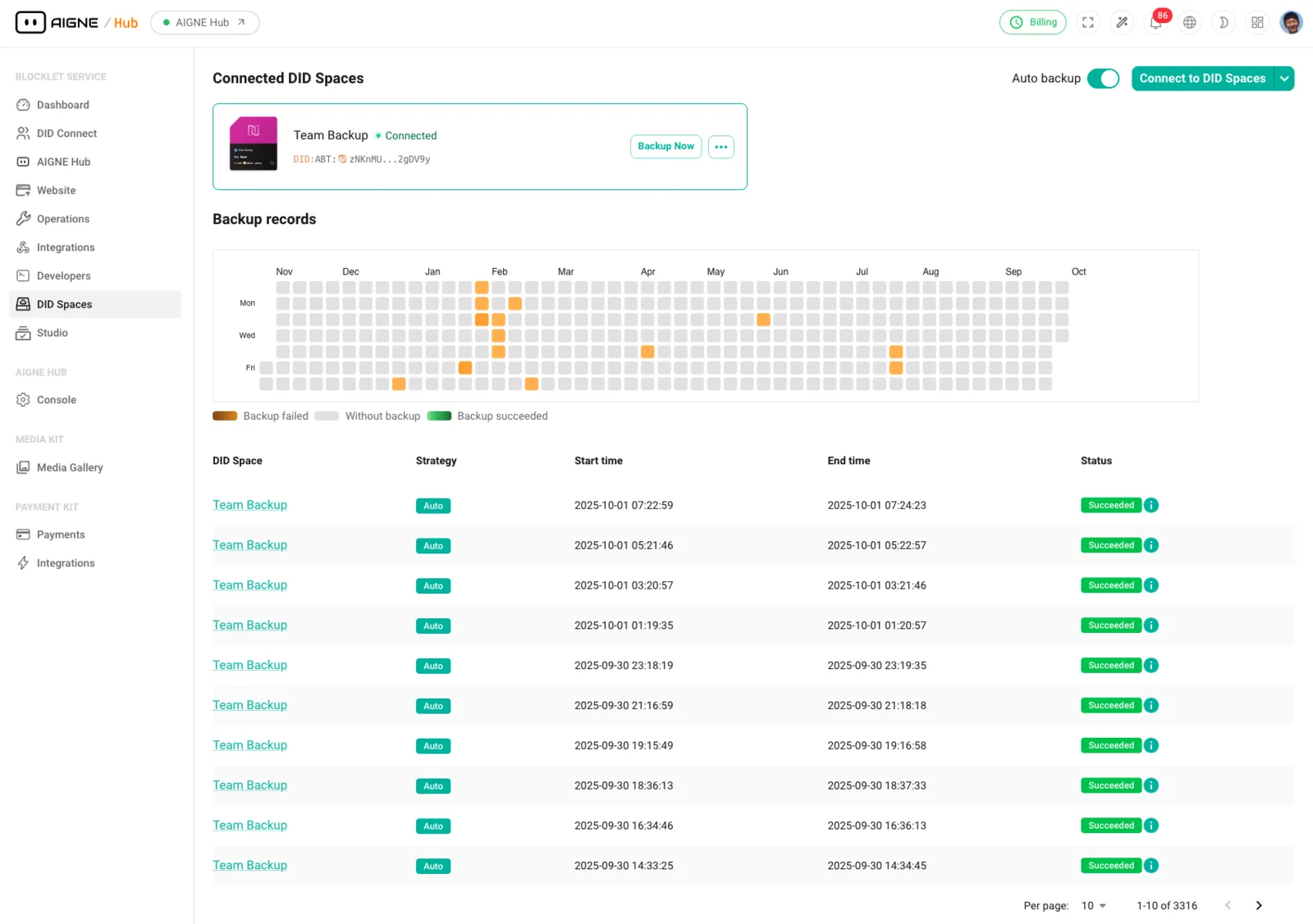 DID Spaces backup management interface